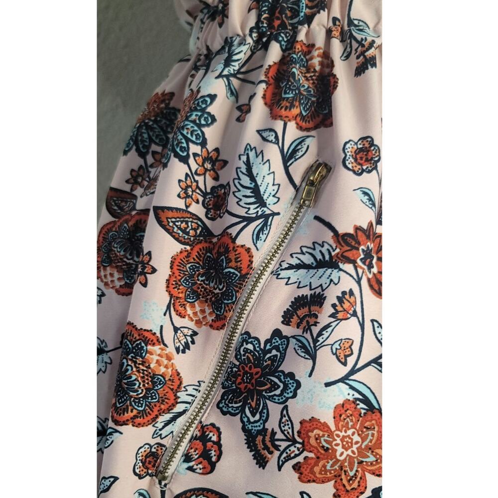 Satiny Peach Floral Boho Dress Smocked Waist Zipper Pockets Speed Control Sz XL - Picture 5 of 10